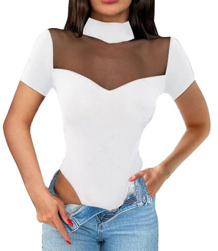 QKEPCY Body Manga Corta Mujer Cuello Alto Transparente Bodysuit Elegante Top Moldeador Camiseta Ajustada Monos Vestir Suit Jumpsuit Ropa Verano Body Mujer Sexy