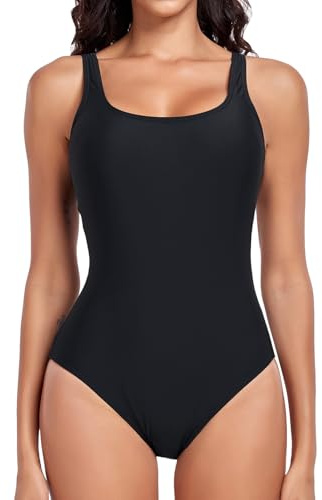 Derssity Swimming Costume Women Athletic One Piece Swimsuit Tummy Control Sports Swimwear U Back Padded Bathing Suits (B, S) Black