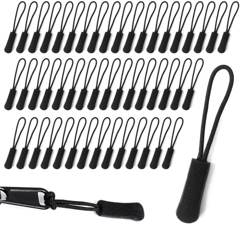 Zip Tags Pulls, 50 Pcs Zipper Pulls Replacement Extensions Black Zip Puller Replacement Zipper Tags Cord Pull for Backpacks Bags