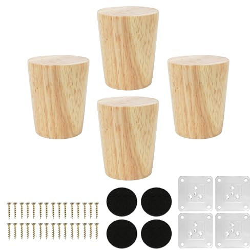 KINDPMA 4 Piezas 6cm Patas para Muebles Madera Roble Cónicas Patas de Mesa de Madera Patas para Sofas con Tornillos y Placa de Montaje para Cama,Sillón,Gabinete de TV, Armario