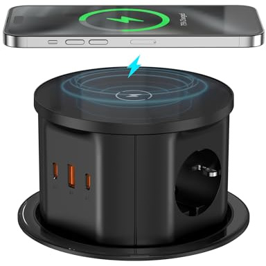 3 Fach Versenkbare Steckdose mit 65W USB-C SuperSchnelllade, Einbausteckdose für Arbeitsplatte mit 3 USB Ports, Tischsteckdose versenkbar mit 15W kabellosem Laden, für Küche & Büro, D 120mm (schwarz)