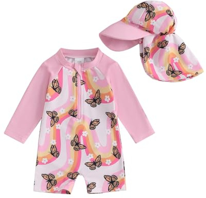 Geagodelia Toddler Baby Girl Swimsuit and Hat Zip Up Long Sleeve All in One Swimming Costume UV Sun Protection Swimwear One Piece Swimming Suit Rash Guard Sunsuit (Floral Butterfly Rose, 0-3 Months)