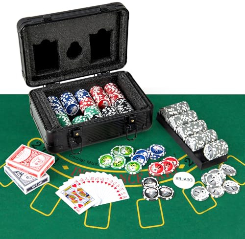 HOMASIS Profi Pokerset mit 300/400 Pokerchips, Pokerkoffer mit Matte, 2 Kartendecks, 5 Würfeln, 1 Dealer Button, Aluminiumkoffer abschließbar, Kasino Poker Set für Texas Hold'em Blackjack (300 Chips)
