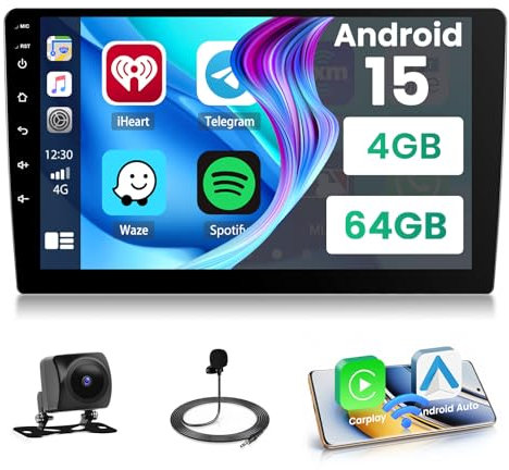 Hikity Dab/Dab+/DSP 4G+64G Android 15 Autoradio 2 DIN, 9 Pouces IPS écran Tactile 2 DIN avec sans Fil Carplay sans Fil Android Auto GPS Radio FM/RDS USB BT WiFi SWC + Caméra de Recul + MIC