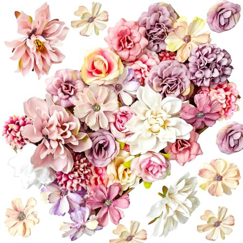 FINEVERNEK 42 Pièces Fausse Fleur Decoration, 4-8cm Fleurs Artificielles Deco, Fleur Artificielle Exterieur Decoration Gateau Guirlande Fleurs Bouquet Mariée de Décoration Deco Mariage, Rose Violet