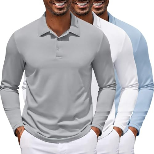 COOFANDY 3 Pack Mens Polo Shirts Quick Dry Long Sleeve Golf T Shirt Performance Fishing Shirts, Light Blue & White & Light Grey, Large