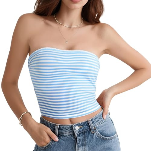 Fiohiros Bandeau Top, Stripe Strapless Top Y2K Fashion, Sexy Sleeveless Boob Tube Top for Lady Summer Wear Off Shoulder Outfit (UK, Alpha, S, Regular, Regular, Blue+White)