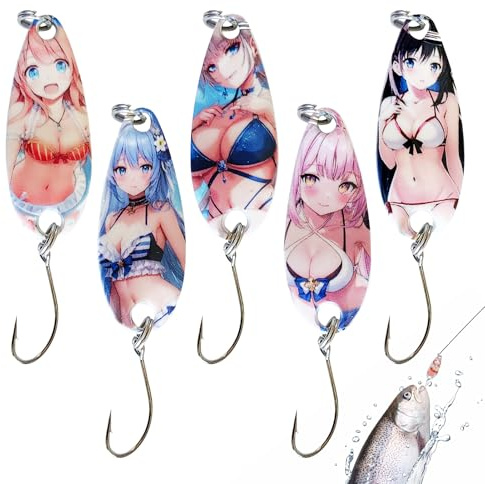 Lot de 5 cuillères de pêche - Hard Beach Girls - Leurres clignotants pour basse, sandre, truite, eau douce, lac, aventure
