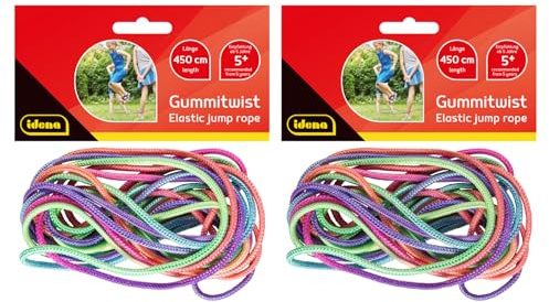 Idena 90390 - Gummitwist, 2 Stück, je 4,5 m langes Seil in Regenbogenfarben, Hüpfspiel für Kinder ab 5 Jahren