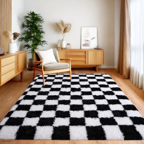BSGIFT Hochflor Teppich Flauschig Kariert 120x160, Plüsch Teppich Shaggy Langflor für Schlafzimmer Wohnzimmer Kinderzimmer, Modern Wohnzimmerteppich Bettvorleger rutschfest, Schwarz und Weiß