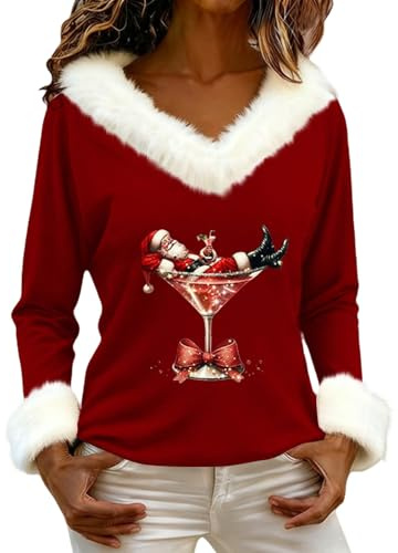 Richymfa Pullover Femme Noël Hiver - Top sans Capuche Élégant en Velours avec Col en V, Manches Longues, Chemise Rouge, Design Père Noël Amusant, Sweatshirt de Noël, M