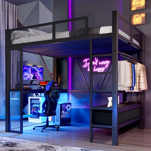 Yihomfy Lit Mezzanine Gaming 140x200, Lit en Hauteur avec LED Intelligente & Multiprise, Bureau et Tringle à Vêtements, 3 Tiroirs de Rangement, Échelle et Barrière Sécurité, sans Matelas, Noir-E