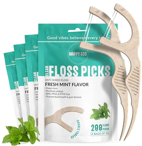 Dental Floss Picks for Teeth (200ct) - Double Thread Tooth Picks Flossers for Adults, Toothpicks Floss, Vegan Corn-Straw Handle, Shred-Resistant String for Interdental Oral Care & Gum Health, Mint