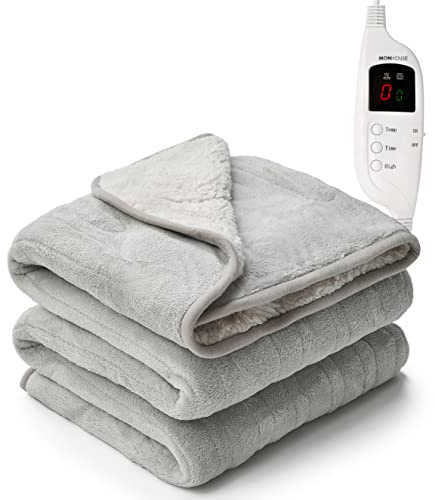 MONHOUSE 130X160 cm Soft Electric Sofa Blanket - Fleece Single Heated Throw With Digital Controller - Machine Washable Bed Throw, Timer up to 9 hours, 9 Heat Settings, Auto Shutoff- Silver Sherpa