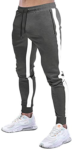 Suwangi Träningsoveraller för män träning gymbyxor joggingbyxor fitness slim fit rand med blixtlåsfickor, Grå, XL