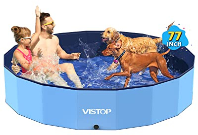 VISTOP Jumbo Foldable Dog Pool, Hard Plastic Shell Portable Swimming Pool for Dogs Cats and Kids Pet Puppy Bathing Tub Collapsible Kiddie Pool (77inch.D x 15.7inch.H, Blue)