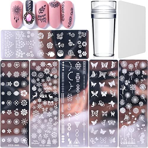 Nail Art Plates, 6 Stück Nail Stamping Plate, Nagel Stamping Schablonen, mit 1 Stück Transparent Stempel, 1 Stück Schaber, Nail Art Tool für Frauen Mädchen