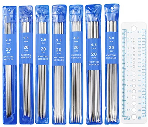 SZCXDKJ 36 Pcs Double pointed knit needle set 20cm, beginner short double head knit needle, 35 PCS 2.0-5.0mm knitted needle sleeve and 1 ruler, metal knit pin for knitting small item socks