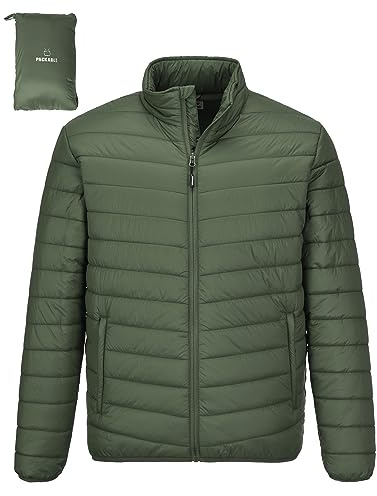 Outdoor Ventures Herrjacka, lätt varm övergångsjacka, packbar buffertjacka, vattentät utomhusjacka för utomhus, avslappnad, Armégrön, L