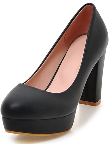 Escarpins à Talons Carrés pour Femmes, Pompe à Talon Élevé Bout Rond à Enfiler Chaussures Habillées avec Plateforme Elegant Wtpujk Noir Taille 43 EU