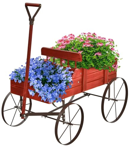 SOARS Blumenständer, Blumenwagen mit 4 Rädern aus Metall, Pflanzenständer aus Massivholz, Blumenkasten Deko, Holzwagen Bollerwagen Pflanzwagen für Garten & Balkon (Rot)