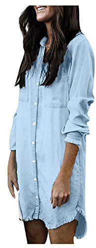 Jeanströja dam långärmad – jeansblus dam sommar lång button down skjorta blus casual jeansjacka lätt denim tröja överdimensionerade jeansblusar denimskjortor lös lång blus långärmad skjortor lång