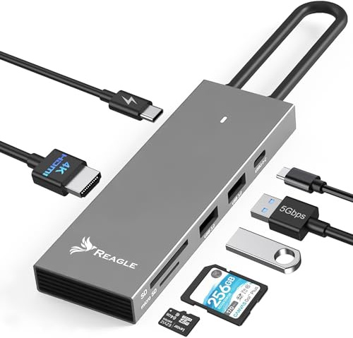 Reagle 7-in-1 USB-C Hub mit 100W Power Delivery, 4K HDMI 60Hz, 144Hz Unterstützung, USB 3.2, Kartenleser für SD/microSD, Aluminiumgehäuse - Ideal für Laptops & Mobilgeräte M1, M2