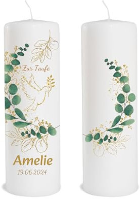 Candela battesimo personalizzata con nome e numero come decorazione da tavolo, decorazione da tavolo, battesimo come regalo amorevole candela eucalipto piccione durata: 55 ore, Ø 7,8 x altezza 25 cm