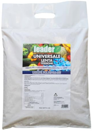LEADER, Concime Universale Granulare, Lento Rilascio, Nutrizione Delle Piante e Del Terreno a Lungo Tempo, Crescita Sana e Rigogliosa, Specifico per Tutte le Piante e Fiori, Formato 4Kg