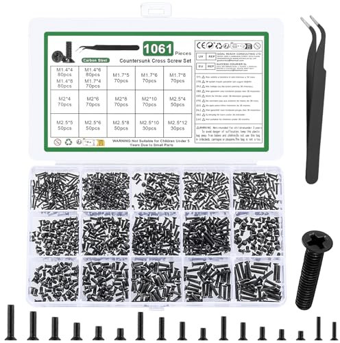 1061 Pcs Small Screws Set, Micro Countersunk screws for Glasses Screw, Tiny Mini Machine screw Assortment, Small Flat Head screws, Phillips Electronic Screwb Bolts for Watch PC Laptop Scaews