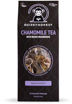 Quirky Monkey - Chamomile Tea with Reishi Mushroom, Night-Tea Night! - Chamomile Flowers & Reishi Mushroom Pieces - Sweet & Fragrant, Vegan & Gluten Free - 15 x Teabags
