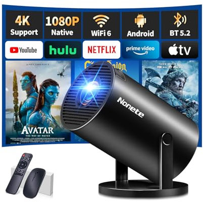 Mini Beamer 4K Projektor Full HD 1080P mit WiFi 6 und Bluetooth 5.2, Android Tragbarer Projektor 270° Dreh mit Automatische Trapezkorrektur für PC/HDMI/USB，mit Maus und Fernbedienung, Schwarz