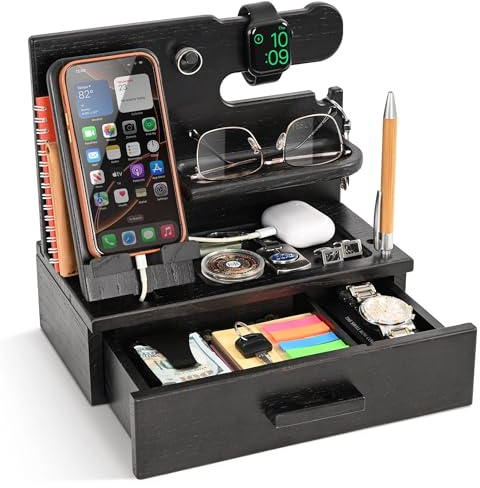 TESLYAR Station de docking pour téléphone en bois avec tiroir – Organiseur de table de chevet – Organiseur de bureau pour mari – Idées de cadeau d’anniversaire pour homme, papa, idée de fête