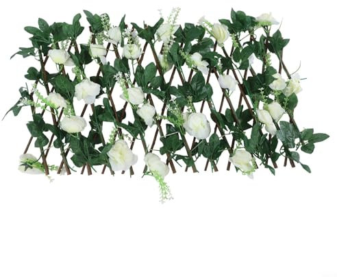babominimer Traliccio estensibile in legno con foglie e fiori artificiali, protezione decorativa per giardino, balcone, cortile, recinzione regolabile in altezza per spazi esterni (bianco)