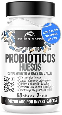Italian Astra Probiotico Lactobacillus Reuteri + Calcio, Manganese, Rame, Biotina, Inulina e Vitamine C, D3, K2 – Integratore Per Ossa Forti e Salute Articolazioni – 60 Capsule (2 Mesi)