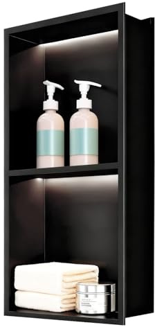 sunrik Shower Niche with LED, Stainless Steel Shower Niche for Bathroom Lighting, Dual Waterproof Light Supports for Storage, Matte Black, 60×30cm, No Tiles Required