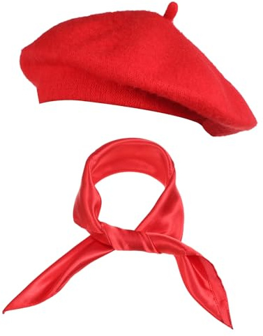 FdcZeyxior Red French Beret Hat and Scarf Set for Women Red Classic Beanie French Themed Party Costume Accessory for Halloween, Christmas or Outside Events
