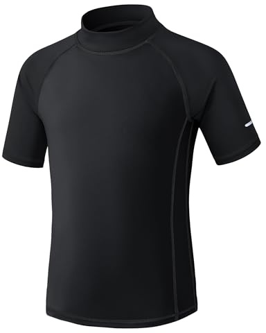 Kids Rash Vest Short Sleeve UPF 50+ Sun Protection Boys Swim Top UV Shirts Quick Dry Girls Rash Guard with Safety Reflective Stripes Age 5-15 13/14 Years Black