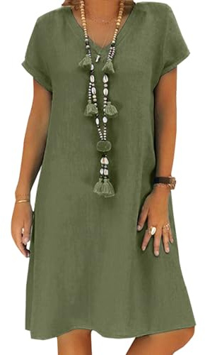 Women's Dress Summer Linen Dresses Casual V Neck Midi Dress Short Sleeve A-line Dress Sundress Tunic Dress Without Accessories