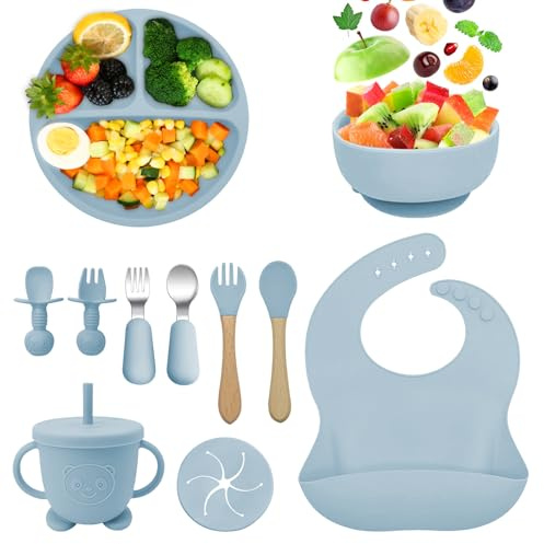 Guyisile 11 Piezas Vajilla para Bebés de Silicona Con Ventosa,Libre BPA | Vajilla de Silicona Plato Bebe,Baby Led Weaning,Cubiertos Infantiles Tazón de Platos,Cuchara de Babero,Taza de agua Potable