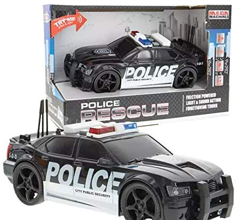 Friction Powered Police Car Toy Rescue Vehicle with Lights and Siren Sounds for Boys Toddlers and Kids, Pull Back 1:20 Diecast Emergency Transport Vehicle Car