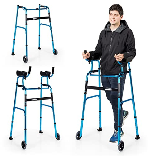 Goplus Walkers for Seniors, Foldable Standard Walker with 5’’ Wheels and Removable Padded Armrests 220lbs, Lightweight Walking Mobility Aid, Folding Platform Walker for Elderly, Handicap, Disabled