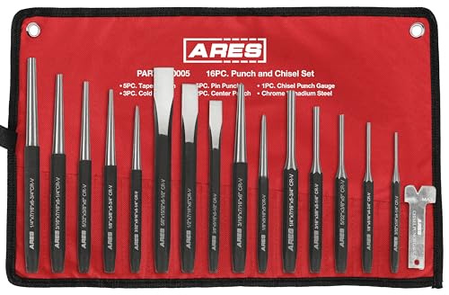 ARES 50005-16-Piece Punch and Chisel Set - Tapered, Pin, Center Punches & Cold Chisels for Various Applications