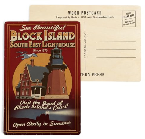 Block Island, Rhode Island, Lighthouse Vintage Sign (4x6 Birch Wood Postcards, 2-Pack Stationary, Rustic Home Wall Decor)