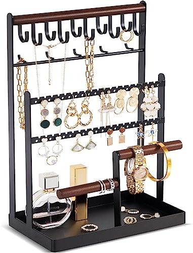 ProCase Jewelry Organiser Stand Necklace Organizer Earring Holder, 6 Tier Jewelry Stand Necklace Holder with 15 Hooks, Jewelry Tower Display Rack Storage Tree for Bracelets Earrings Rings -Black