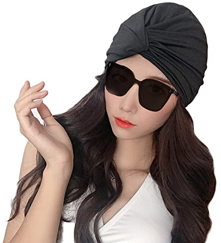 Lopsity Womens Swim Cap Bathing Cap Turban Long Short Hair Pleated Knotted Swimming Cap Soft Beanie Cap for Women Girls (Black)