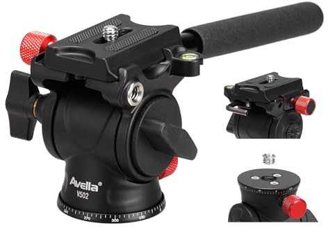 Avella Tripod Fluid Head Pan Tilt Head with Arca Type Quick Release Plate and Handle, Metal Panorama Head with Scaled Base for Compact Video Camera DSLR Camera, Load up to 6.6lb, V502