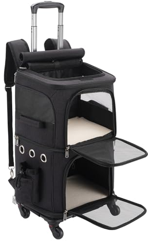 FASNATI Katzentransportbox für 2 Katzen bis 12kg, Kleine Hunde Transportboxen mit Abnehmbaren Rollen, Faltbare Katzentransporttasche, Schwarz
