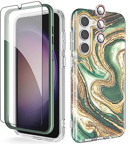 Chvelop 4-in-1 Samsung S23 Plus Case with Screen Protector + Bumper & Camera Protector | Military-Grade Shockproof 360° Protection, Galaxy S23 Plus Case Glossy Fade-Resistant Pattern Design (Green)