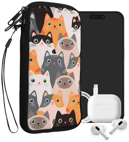 kwmobile Handytasche für Smartphones XL - 6,7/6,8 - Neopren Handy Tasche Hülle Cover Case Schutzhülle - Katzen Orange Schwarz Weiß - 17,2 x 8,4 cm Innenmaße